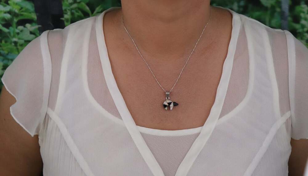 Sterling Silver Black Onyx & Opal Bear Pendant 7/8" x 3/4" inch Cecil Sanders - Picture 2 of 5